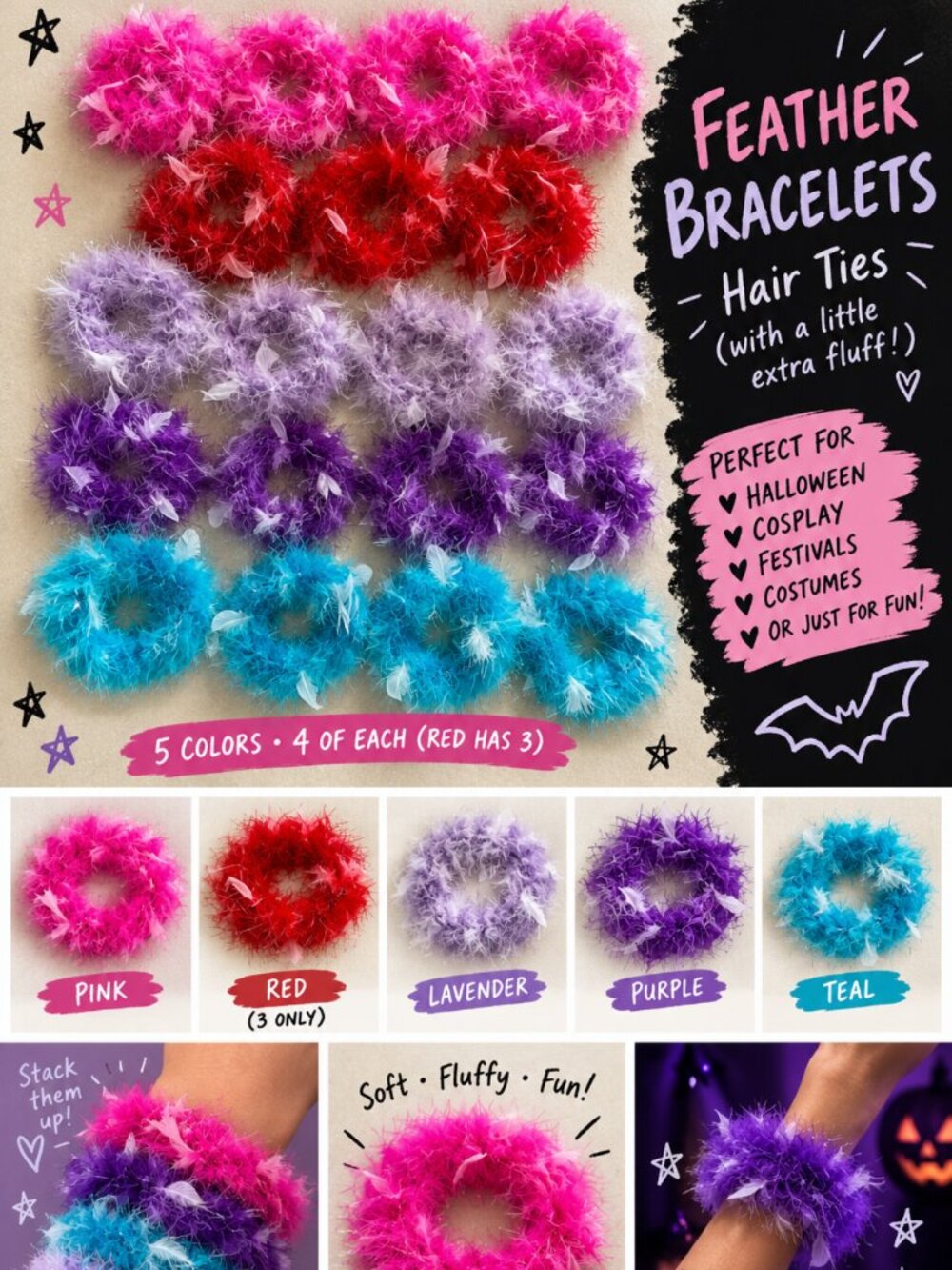 9-Piece Fluffy Feather Bracelet & Hair Accessory Lot | Y2K • Halloween • Cosplay
